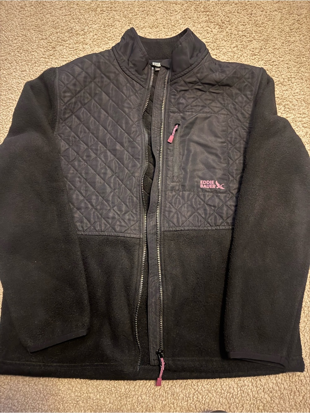 Eddie Bauer Black Quilted Fleece Jacket with Subtle Pink Accents